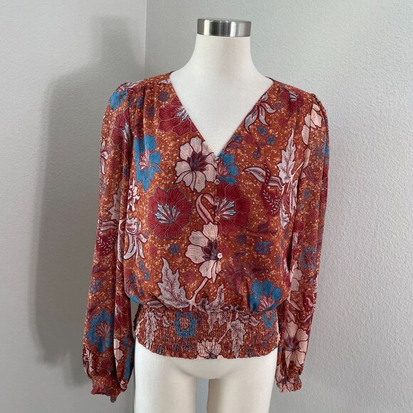 Joie Womens Medium Floral V Neck Blouse Long Sleeve Shirt Top - Picture 1 of 11